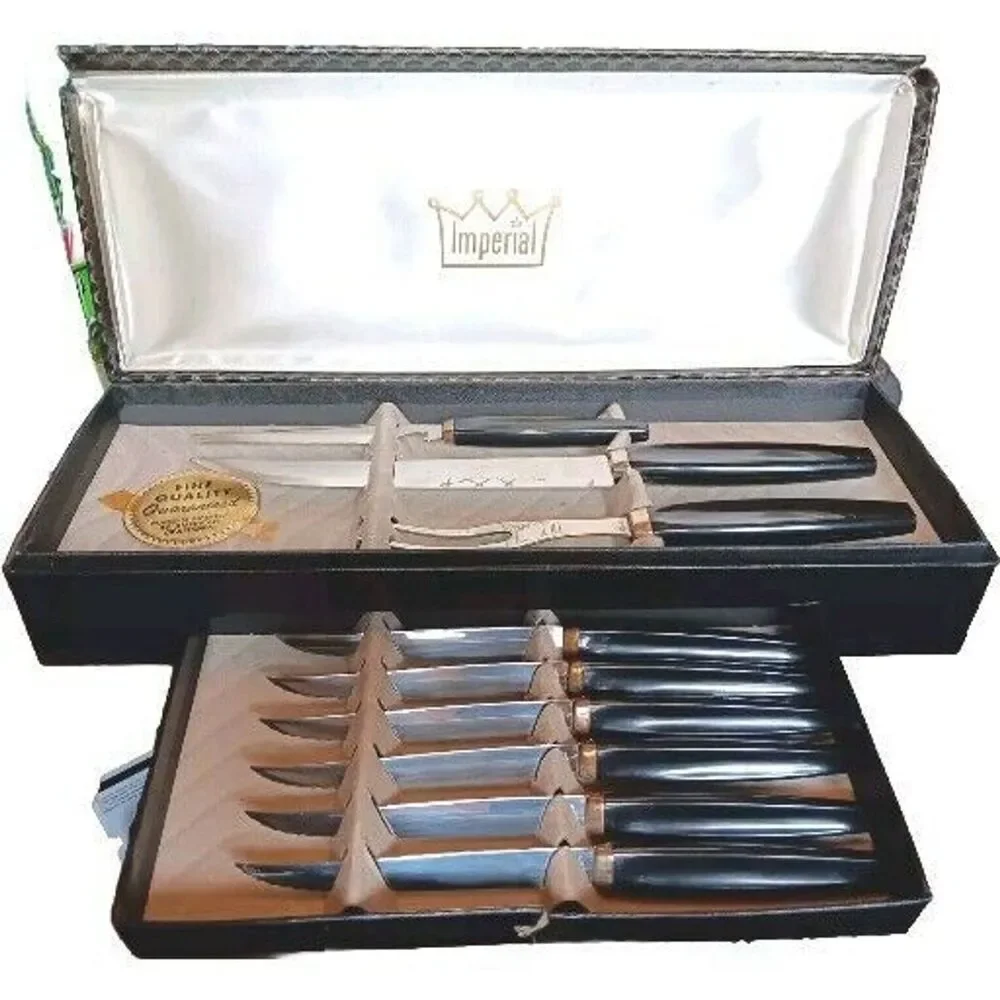 Vintage 1950 MCM Imperial Stainless 6 Carving Steak Knives & Meat Fork Set of 9